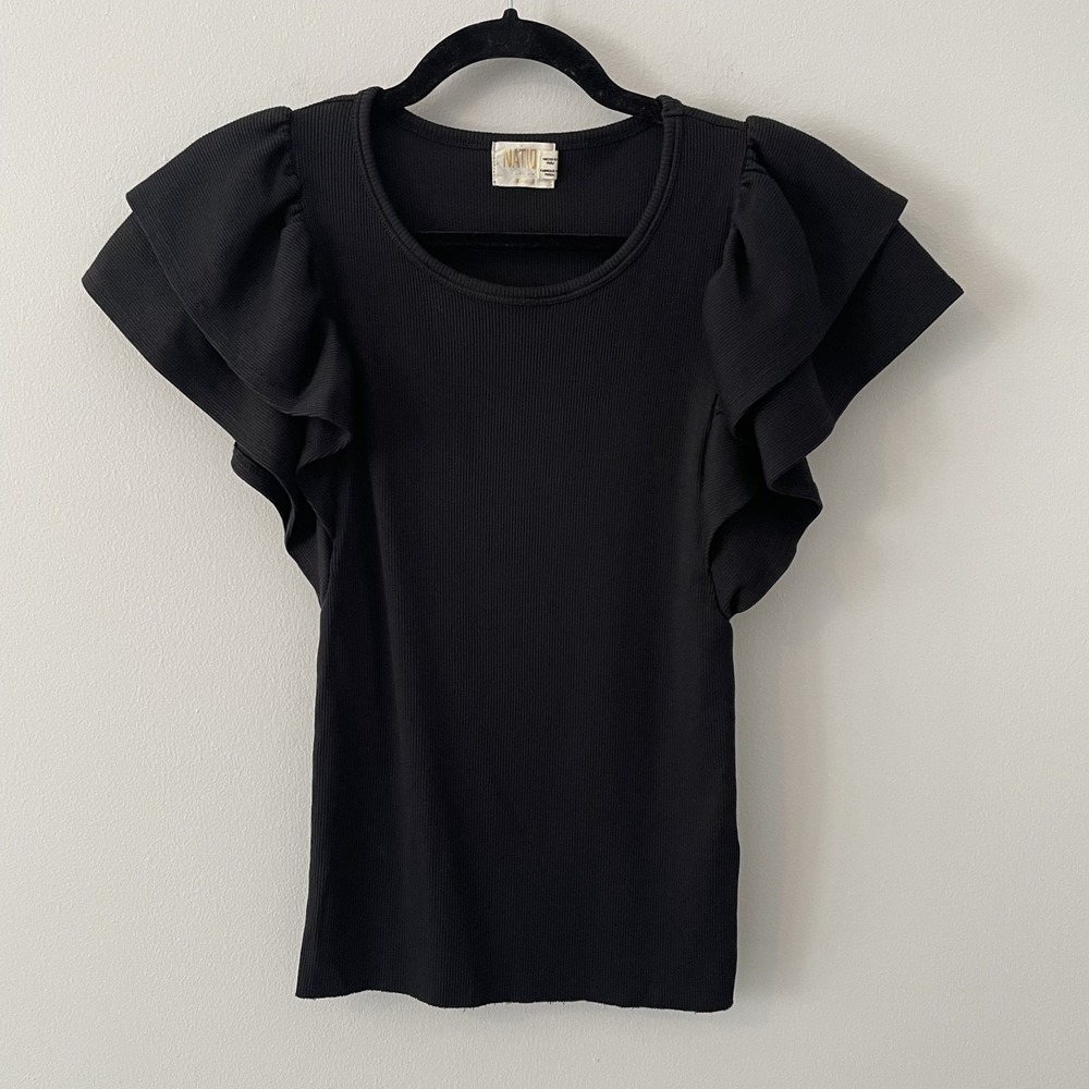 Nation LTD Organic Pima Cotton‎ Flutter Sleeve Top Black Size S Stretch Ruffles